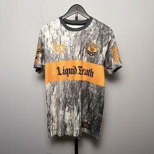 Liquid Death Soccer Jersey Men's Grey Orange Static Print T-Shirt Size M 26